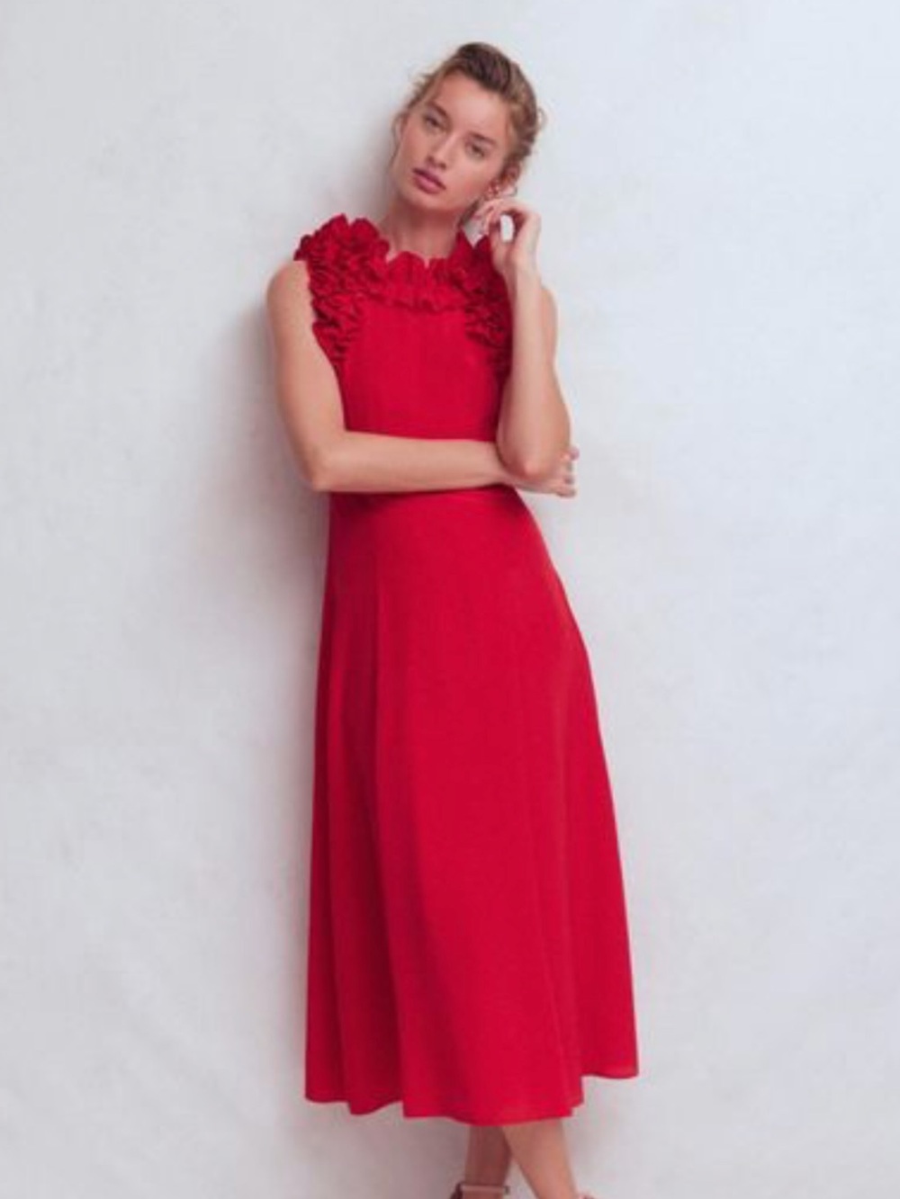 Boden Red Sleeveless Midi Dress with Ruffle Neckline